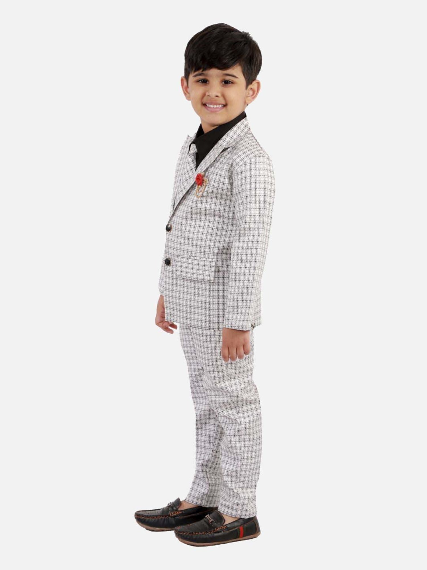 Fourfolds Boys White Checks Full Sleeves Clothing Set