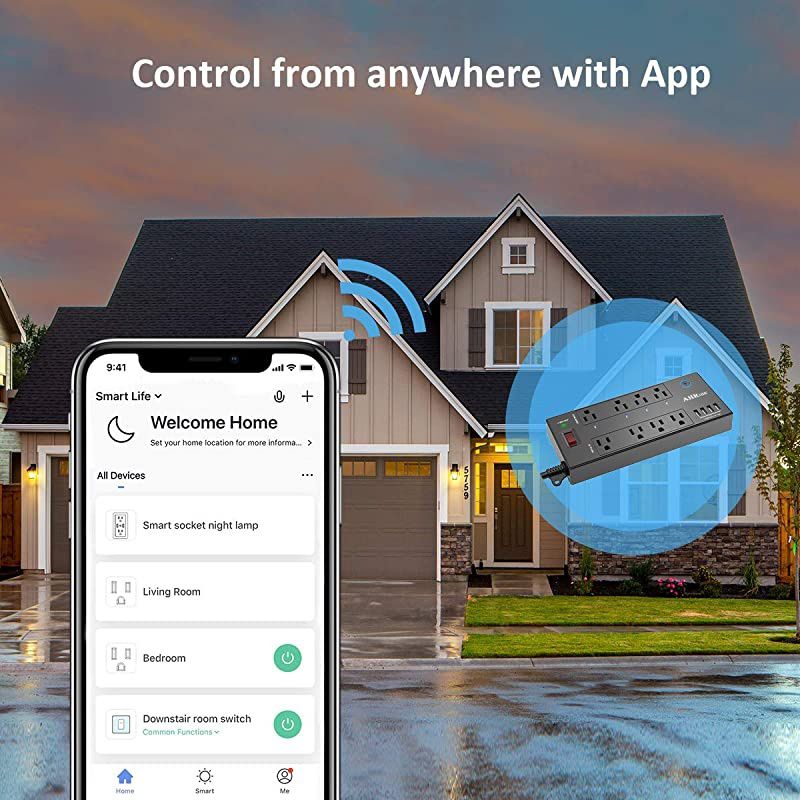 Smart Plug, Power Strip,  WiFi Surge Protector(1680 Joules with 4 Smart Outlets and 4 Always on outlets and 4 USB Ports(Smart 4.8A 24W Total), 6ft Extension Cord, 1875W/15A, Black