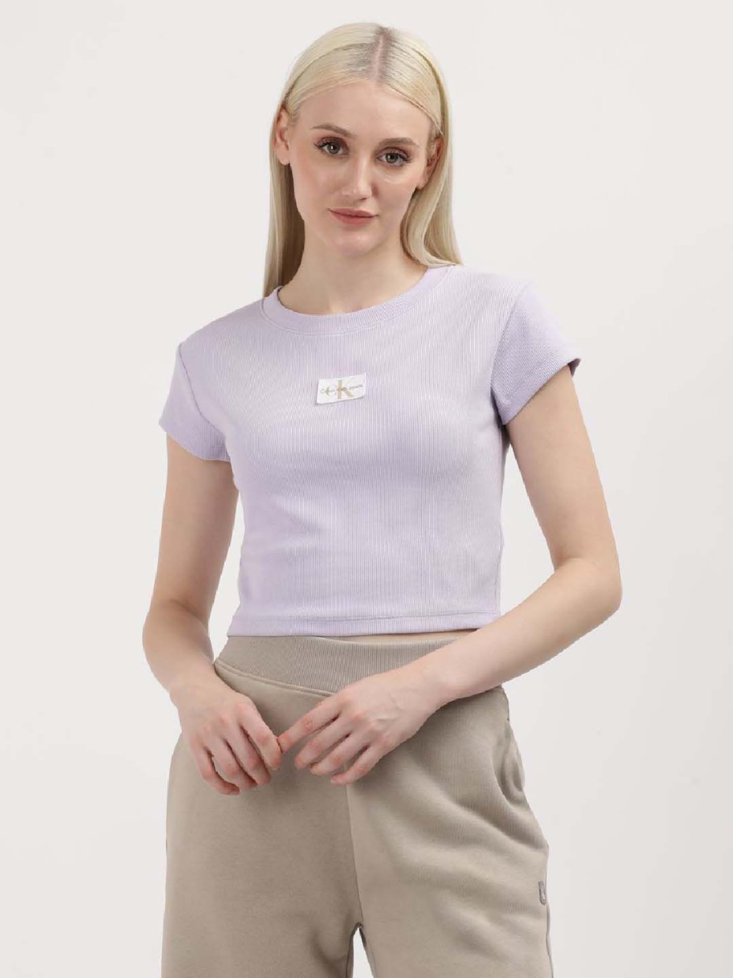 CALVIN KLEIN Purple Cotton Logo Patch Work Crop T-Shirt