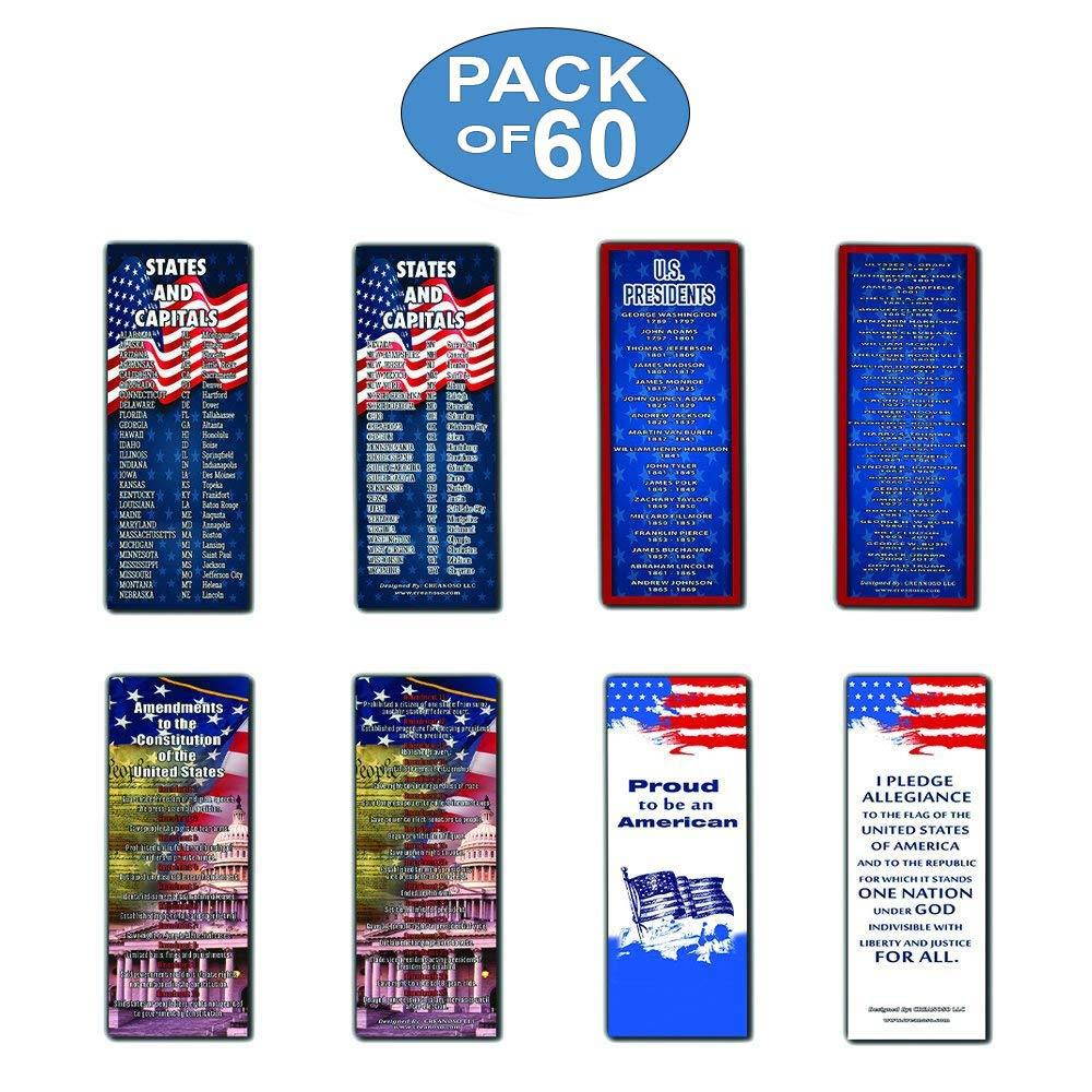Patriotic Bookmarks Note Cards (60-Pack) - States and Capitals - US Presidents Updated - Proud to be an American - Pledge of Allegiance - Constitution Amendments - Page Markers 4th of July Gifts