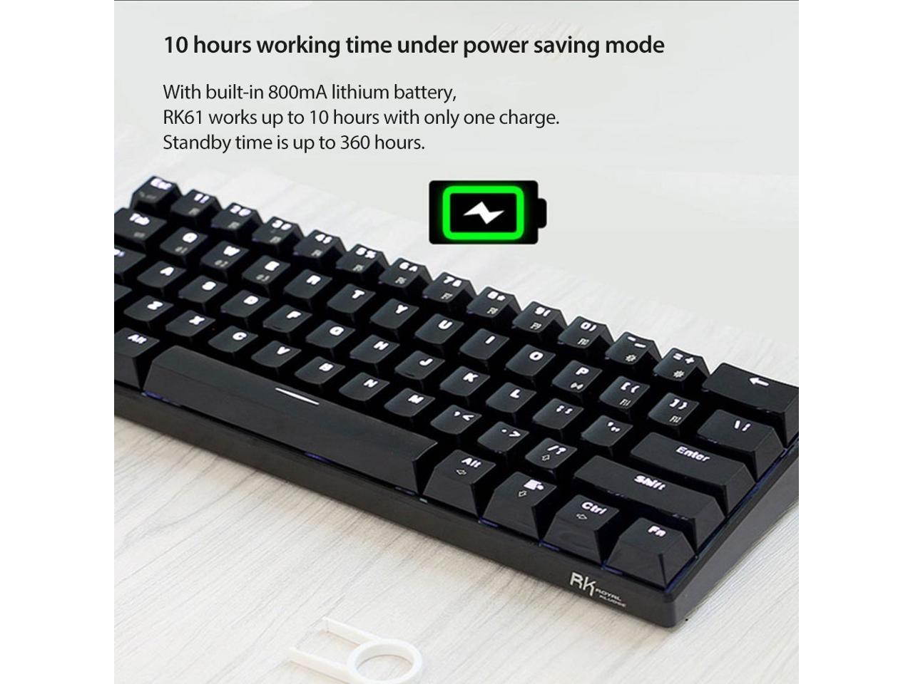 Royal Kludge RK61 Mechanical Bluetooth 3.0 Wired/Wireless 61 Keys Multi-Device LED Backlit Gaming/Office Keyboard for iOS, Android, Windows and Mac with Rechargeable Battery, Blue Switch - Black
