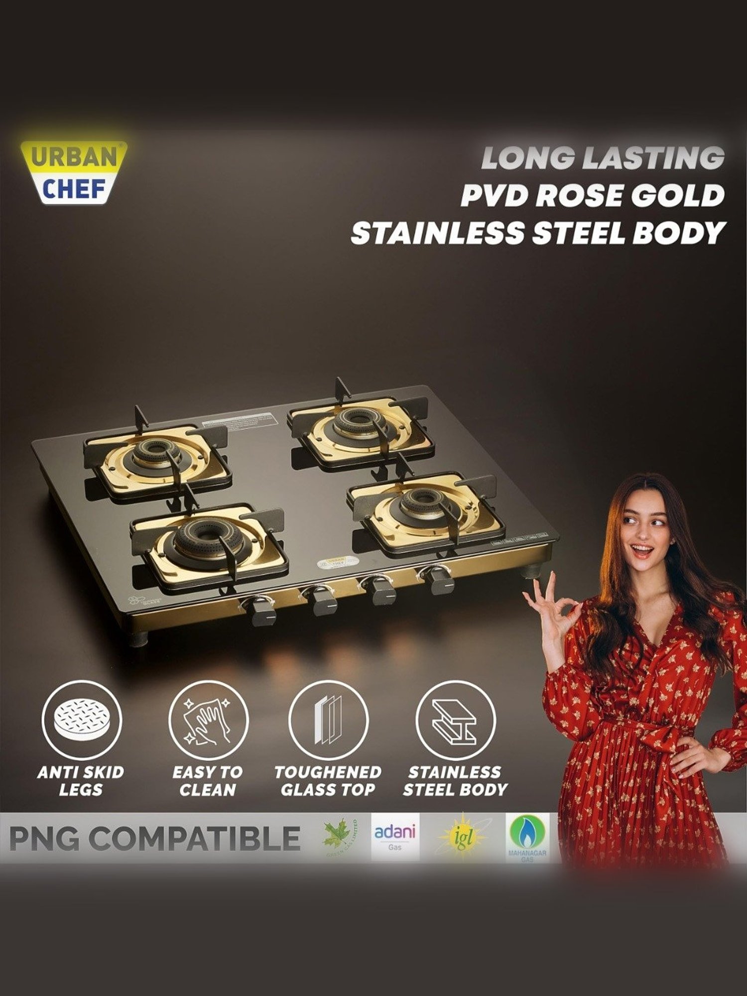 Urban Chef Gas Stove with 4 burners ( Gold )