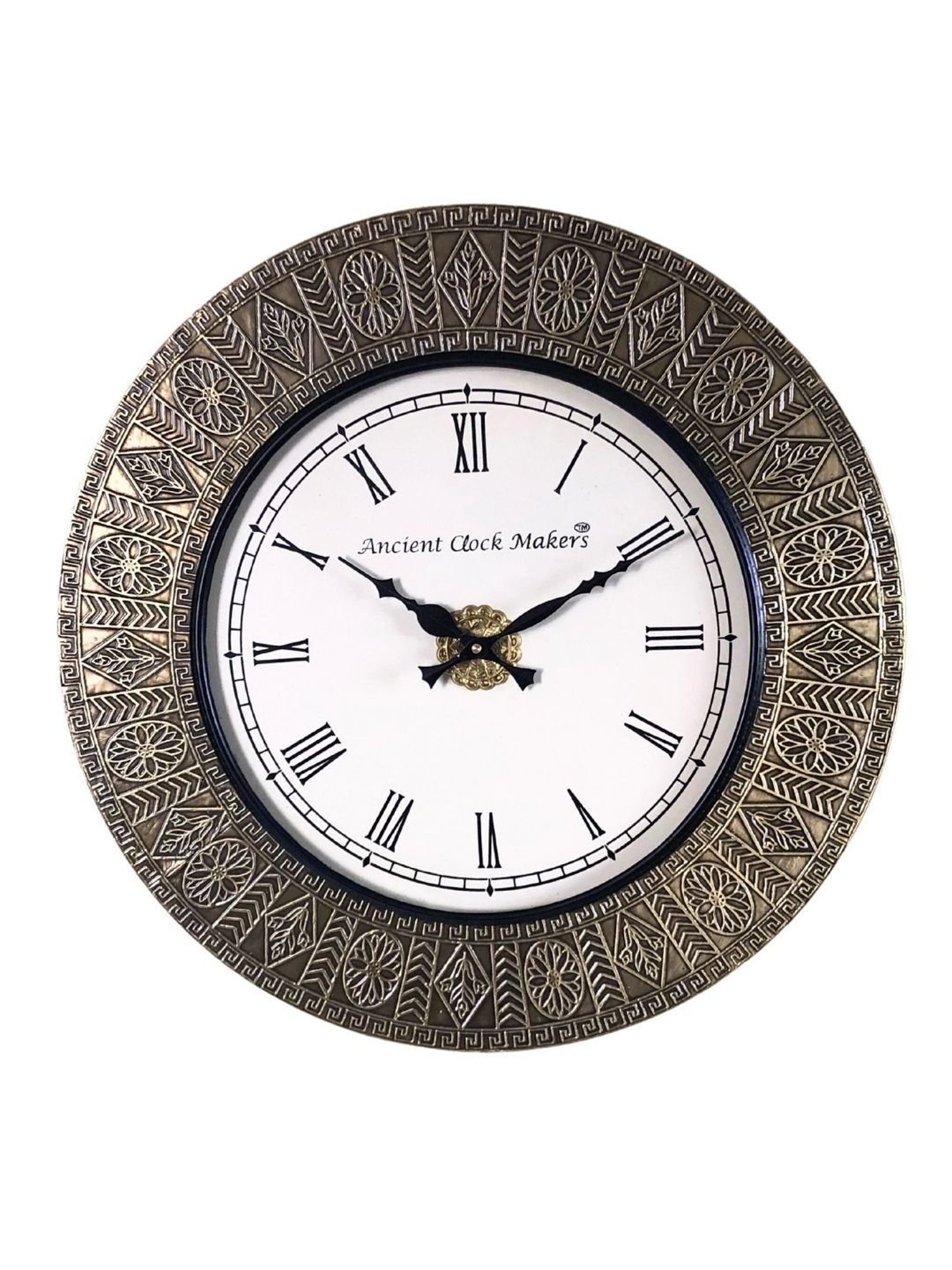 Ancient Clock Makers Round Black & Brass Wood Wall Clock