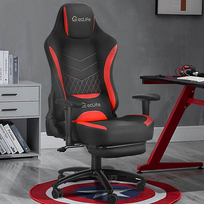 Eclife PC Gaming Chair Racing Office Chair Ergonomic Desk Chair Massage PU Leather Recliner Computer Chair with Lumbar Support Headrest Armrest Footrest Rolling Swivel Task Chair for Adults(Red)