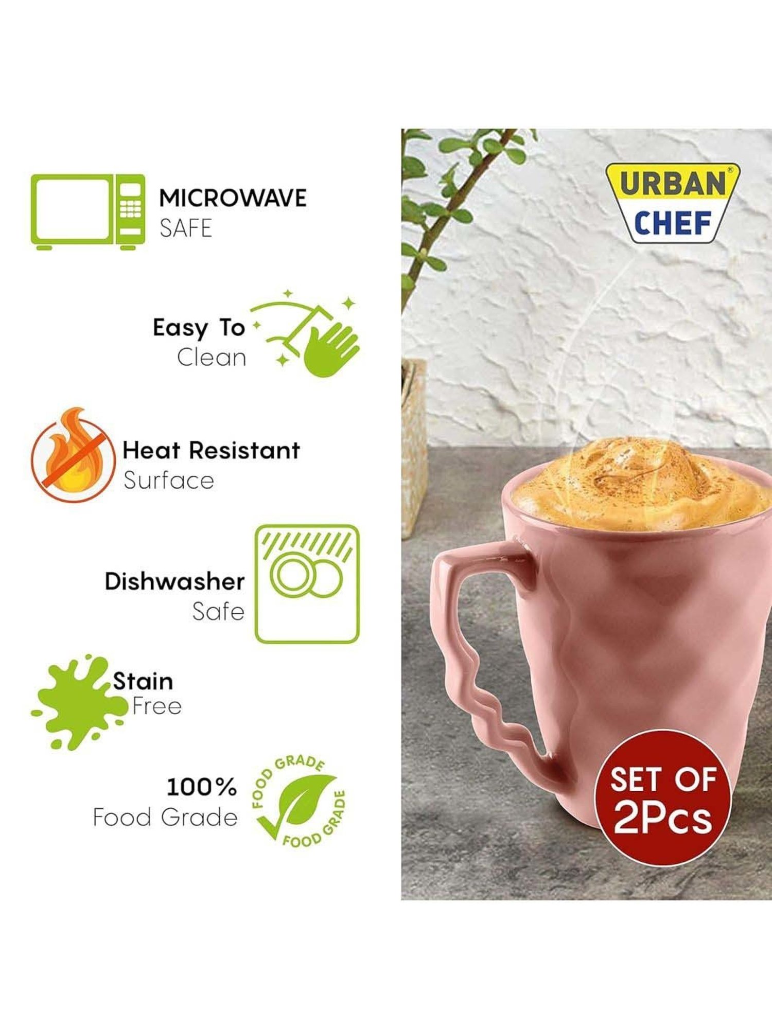 Urban Chef Pink Ceramic Prism Microwave Safe Coffee Mug With Handle (0.225 L) - Set of 2