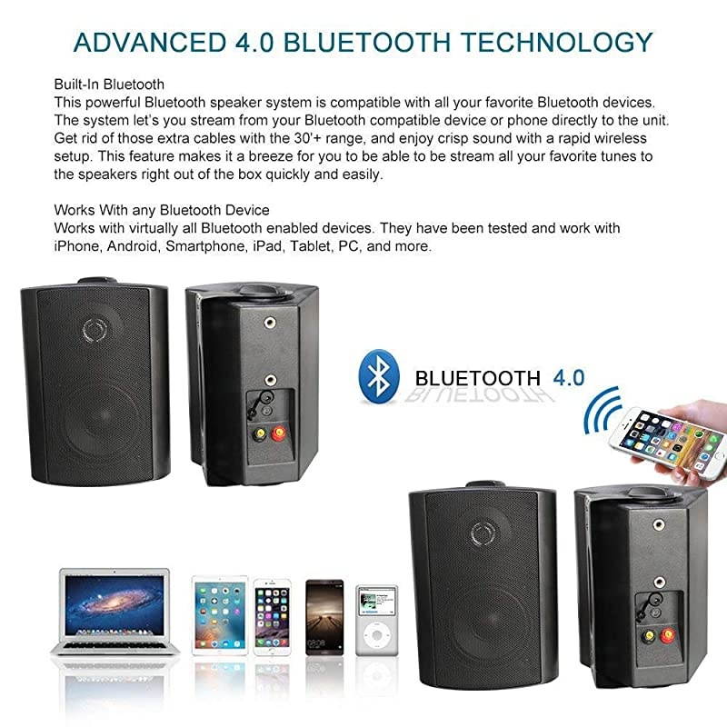 4 Inch Outdoor Indoor Patio Bluetooth Wall Mount Speakers Waterproof (Black)
