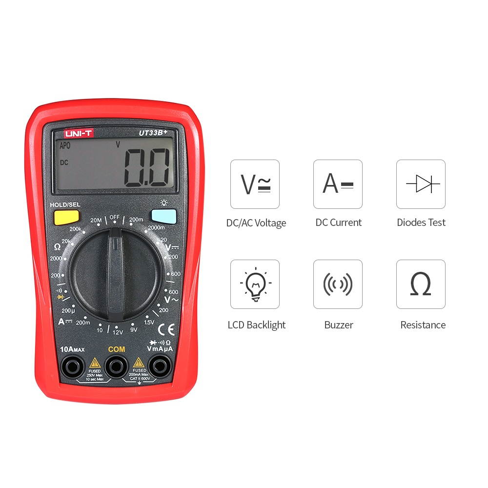 UNI-T UT33B+ Handheld LCD Digital Multimeter DC/AC Voltage DC Current Meter Resistance Tester Voltmeter Ammeter