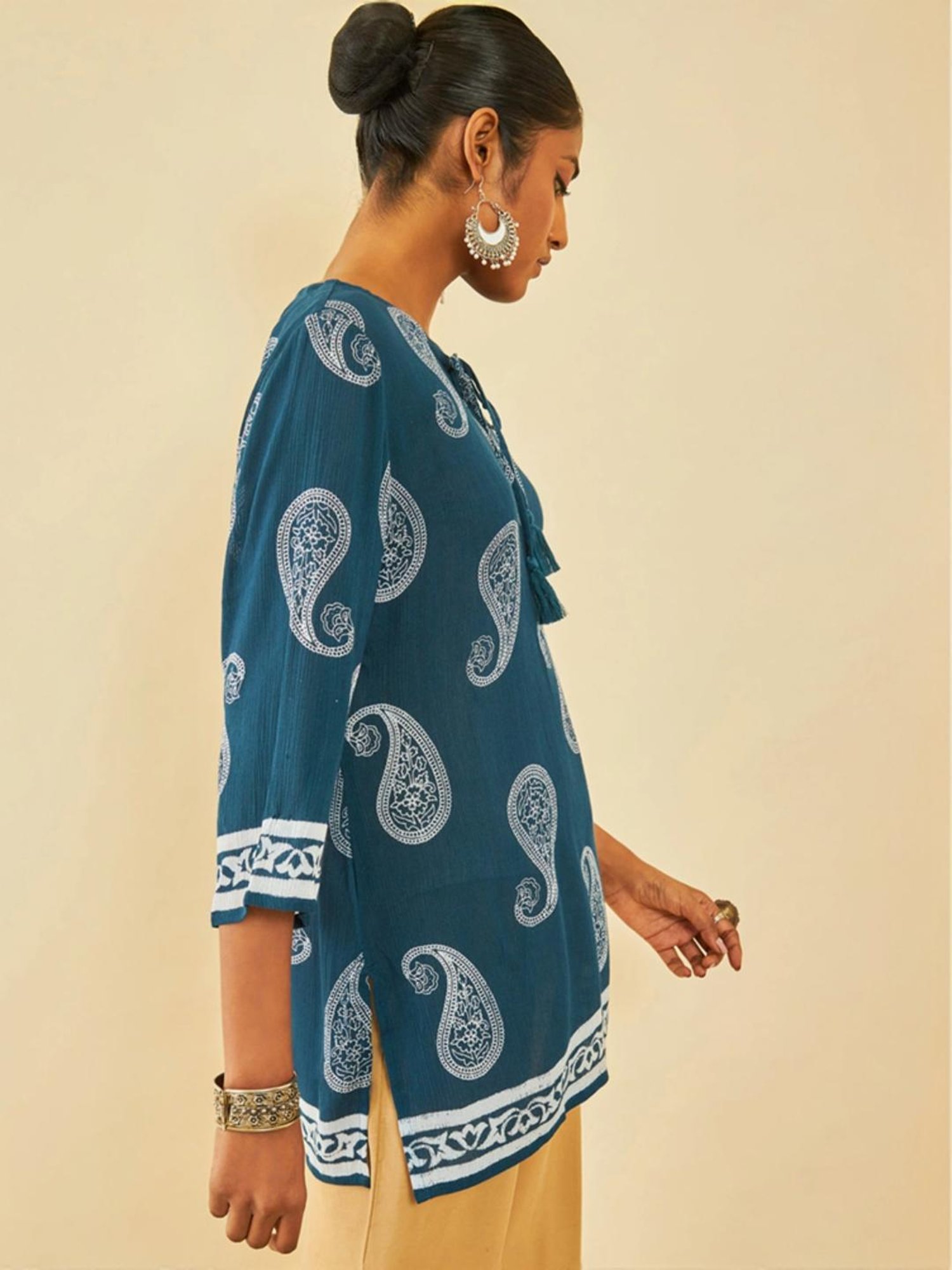 Soch Blue Crepe Paisley Printed Tunic With Tassels