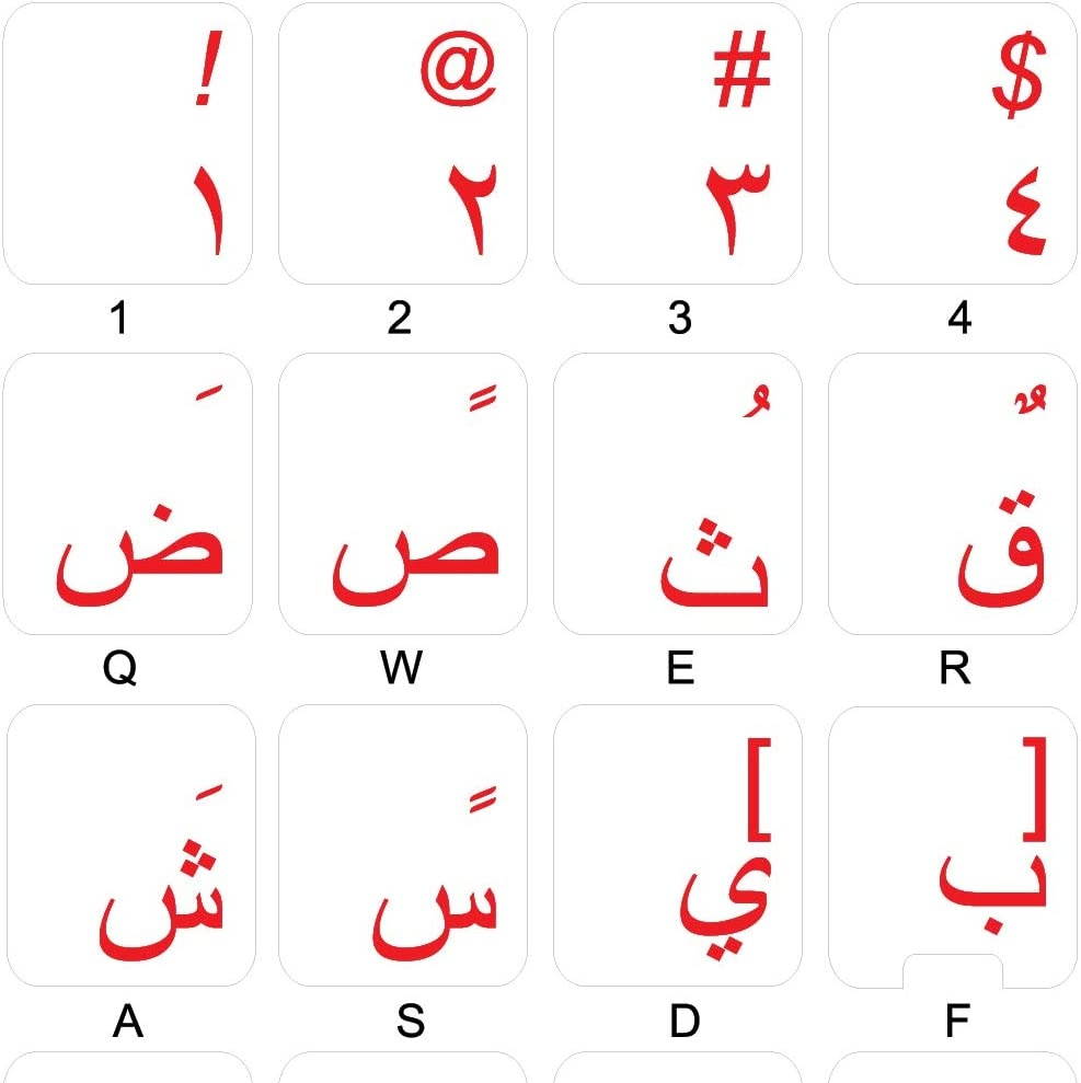 Arabic Keyboard Stickers with RED Lettering ON Transparent Background