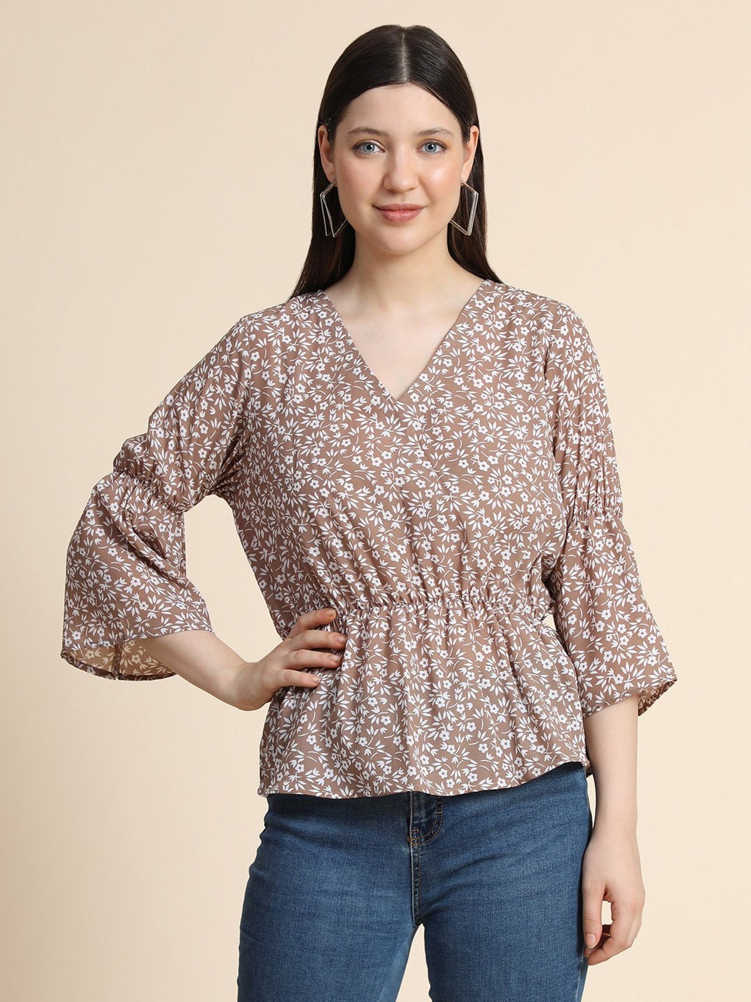 KERI PERRY Light Brown Floral Print Top