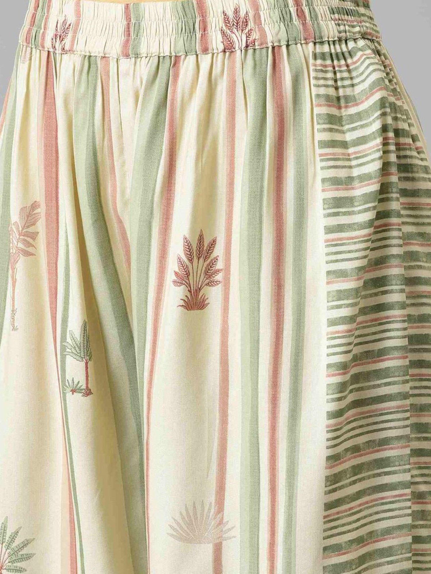 W Women Green Festive Printed Rayon Kurta With Parallel Pant & Dupatta