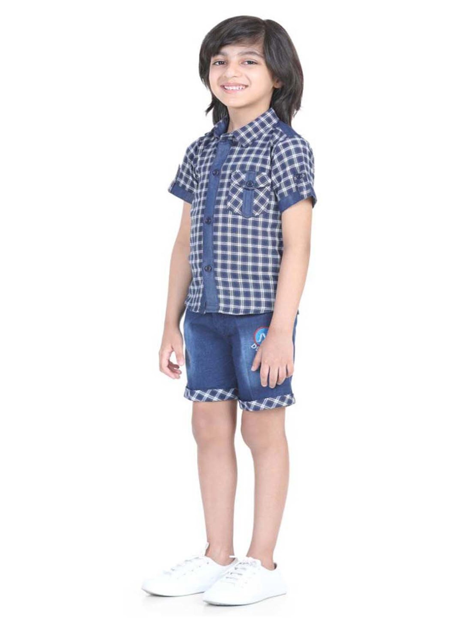AJ Dezines Kids Blue & White Chequered Shirt Set