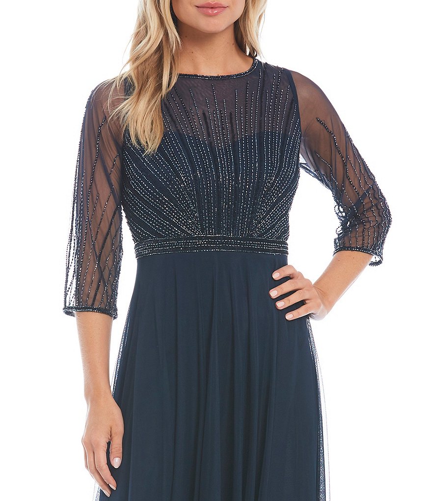 Jkara Petite Size 3/4 Sleeve Lined Illusion Crew Neck Beaded Gown