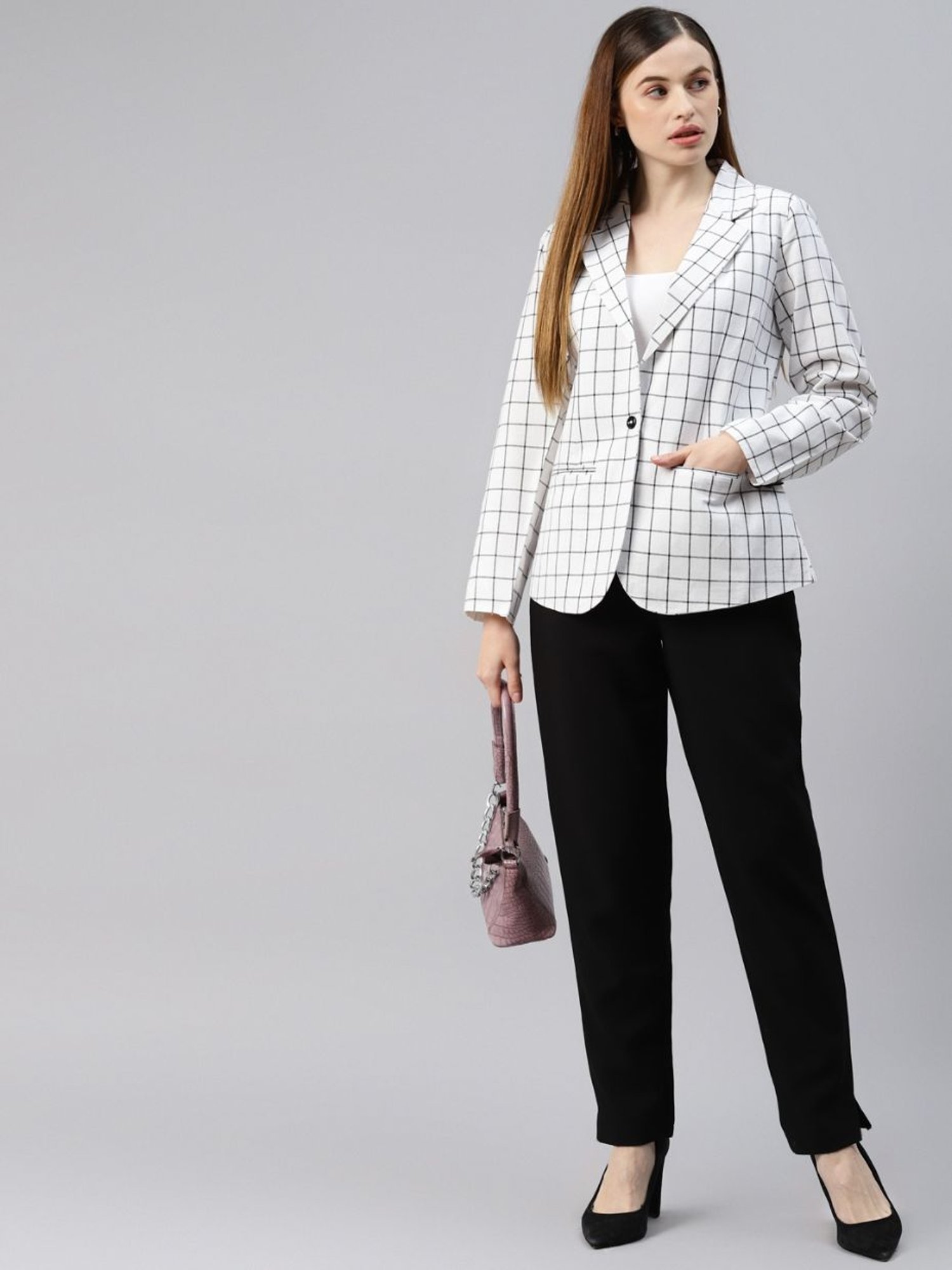 Cottinfab White & Black Checkered Cotton Blazer