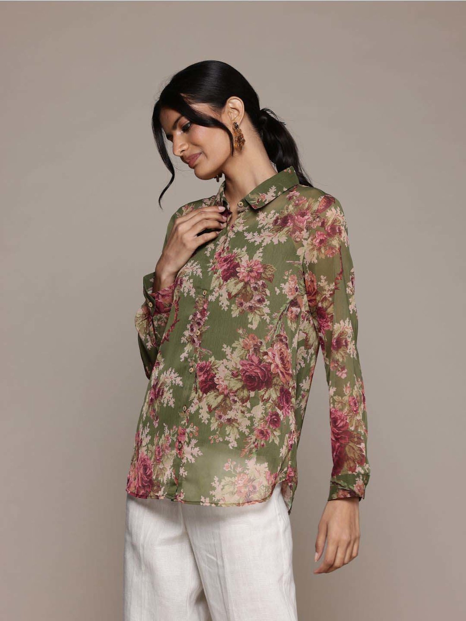 AARKE RITU KUMAR Green Floral Print Shirt With Camisole