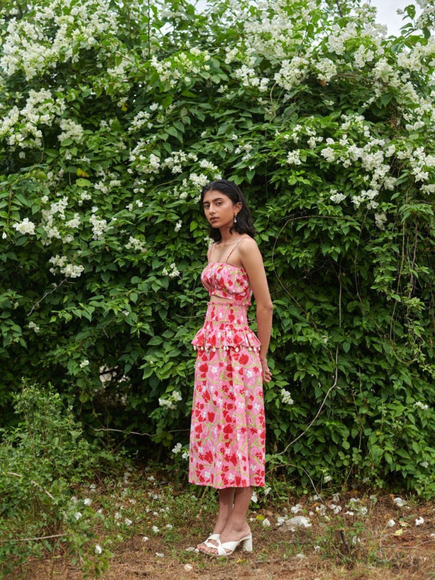 Khajoor Studio Pink Sundaze Le Blush Fleur Sundowner Crop Top & Skirt Co-ord Set