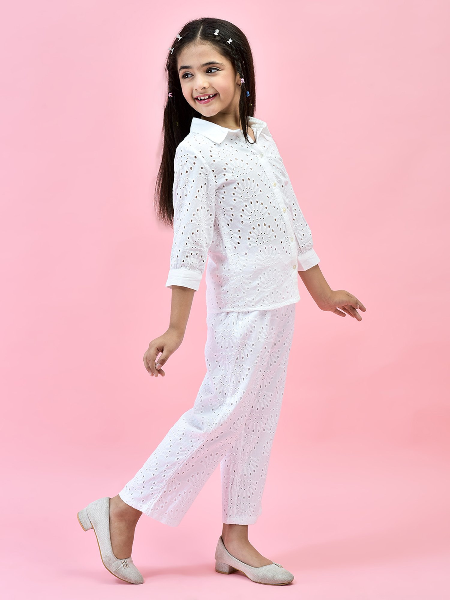 Juniper Girls White Self Design Shirt With Pants