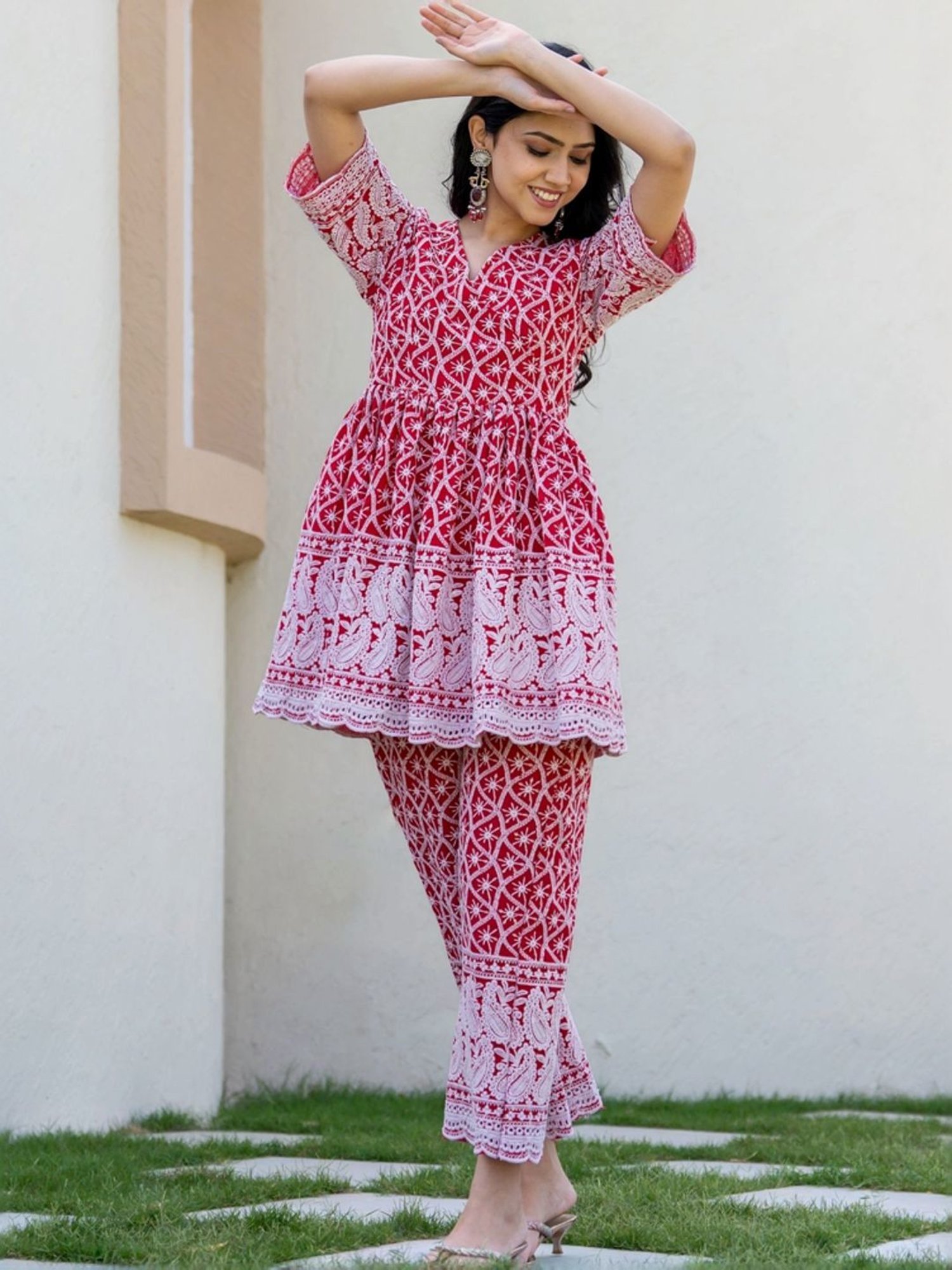 HOUSE OF JAMOTI Red Cotton Embroidered Tunic Pant Set