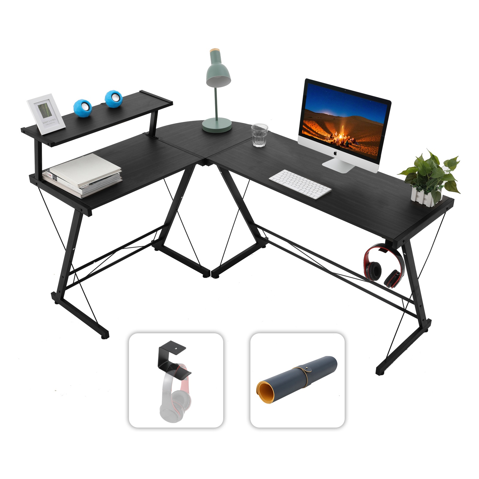 Gome L-Shaped Computer Desk - 61" Larger Corner Desk for Space Saving, Modern Home Office Writing Desk for Work, Study and Gaming, Ergonomic Wood Desk with Monitor Stand(Black)