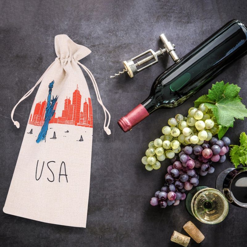 Independence Day Printed Wine Bag Drawstring Gift Bag Linen Wine Storage Pouch Party Supplies (Celebrating)