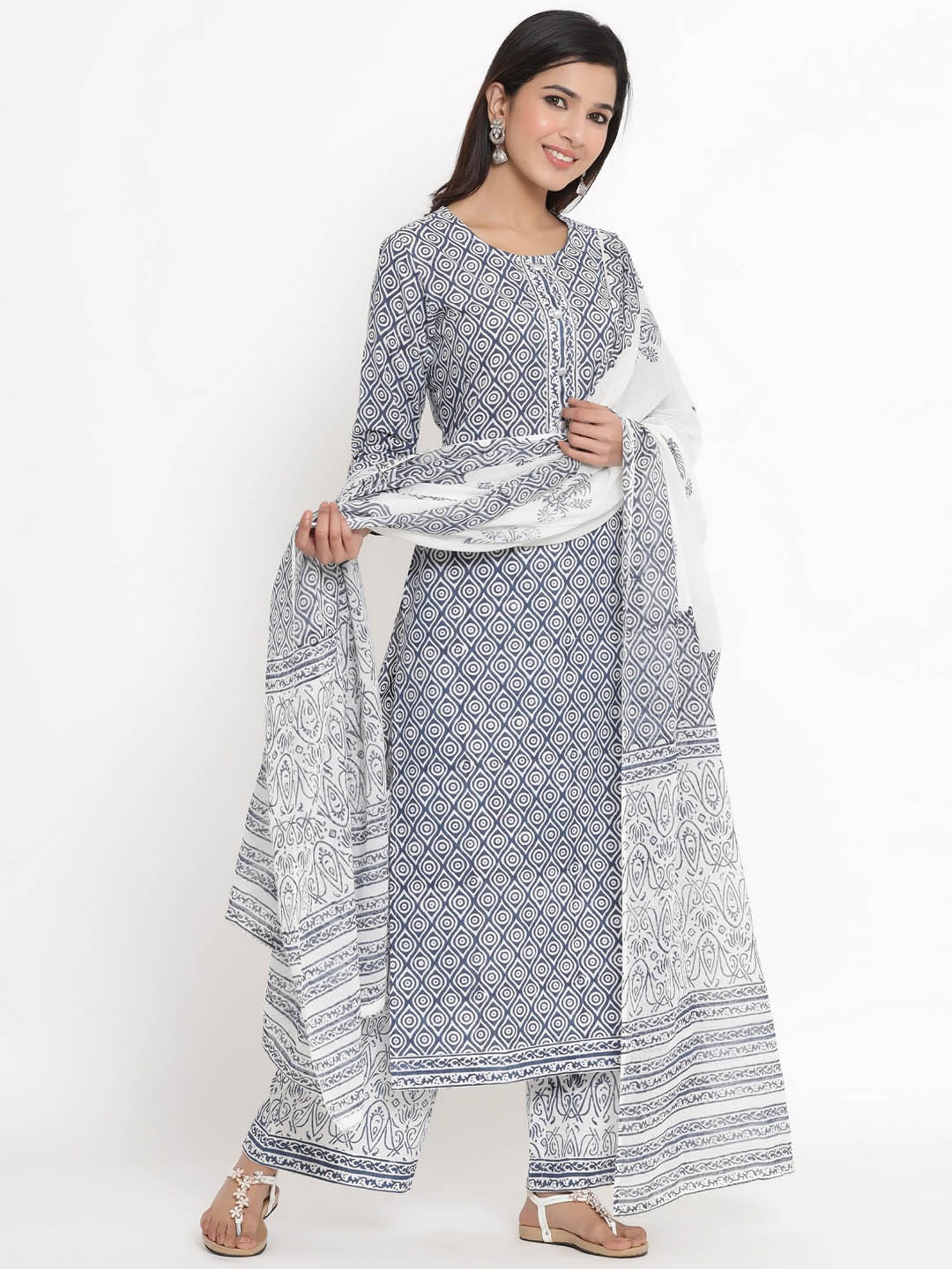 Kipek Blue Cotton Printed Kurta With Palazzo & Dupatta