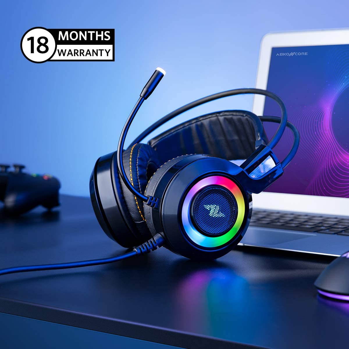 ABKONCORE CH60 Gaming Headset with True 7.1 Surround Sound for PC, PS4, Laptop, Bass Vibration, Noise Cancelling, Soft Earmuffs Headphones with Mic, LED Light, in-line Controller for FPS Games