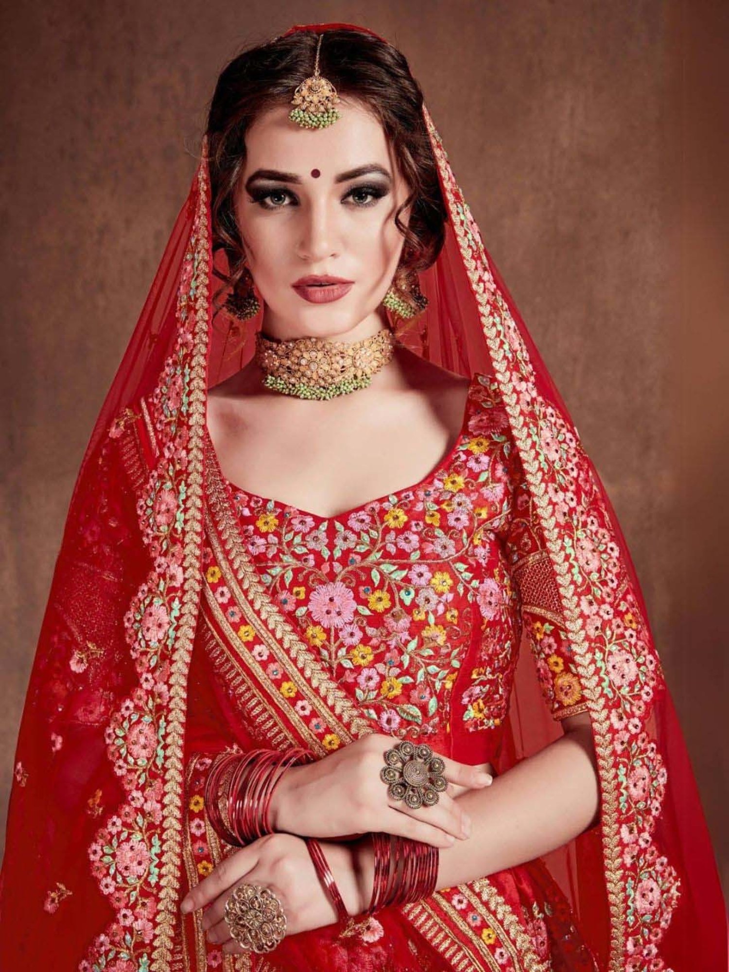 Odette Red Embroidered Lehenga Choli Set With 2 Pack of Dupatta