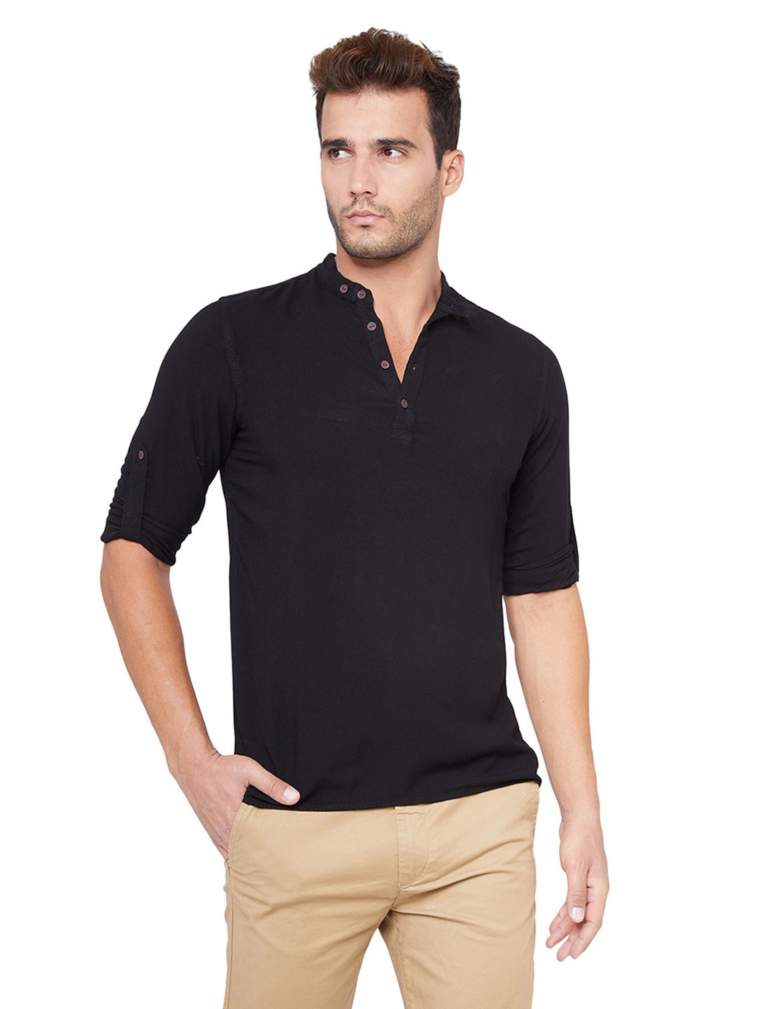 Identiti Black Solid Slim Fit Short Kurta