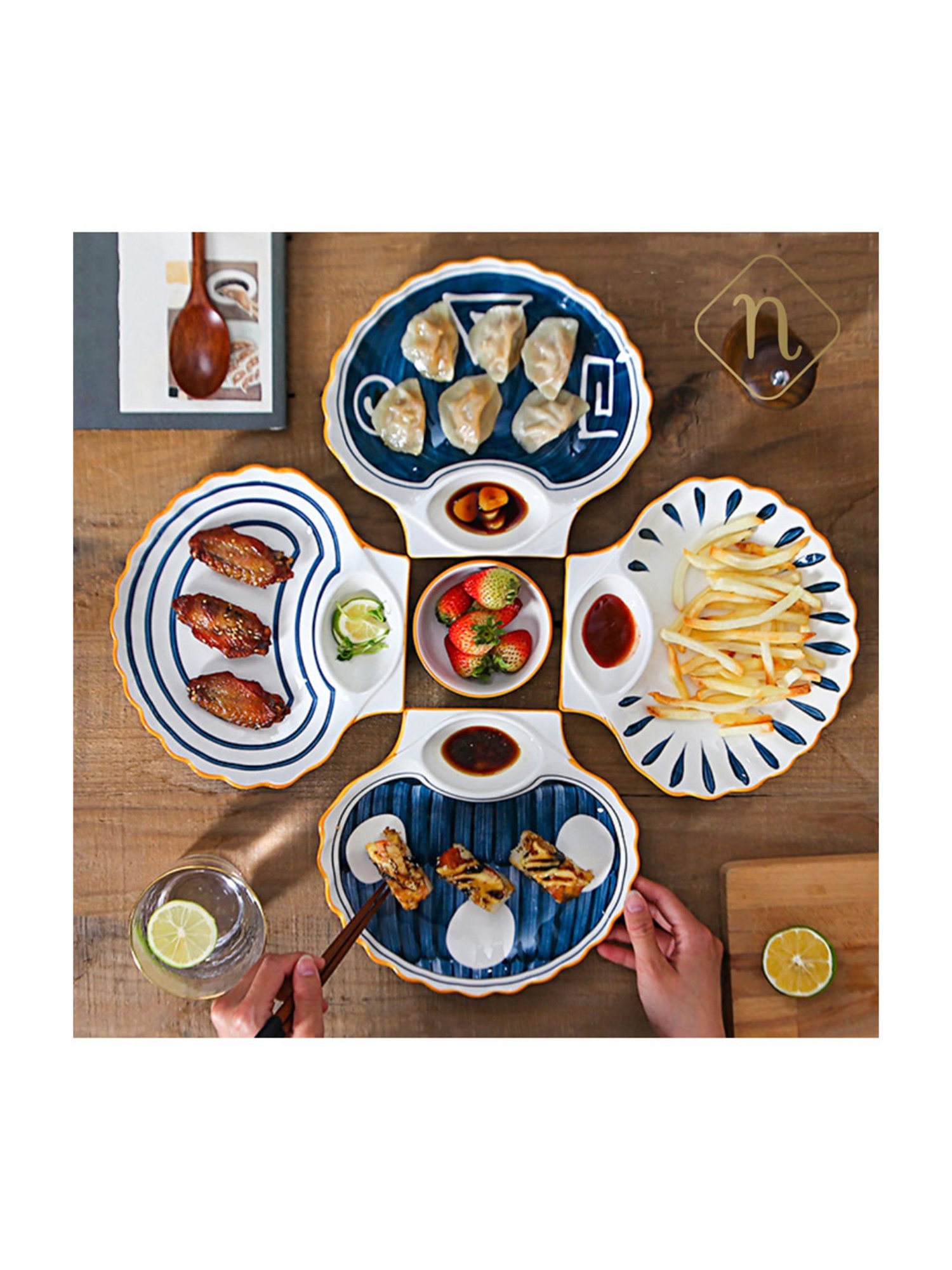 Nestasia Printed &iquest;White &iquest;Ceramic Nitori Shell-Shaped Plates with Section - Set of 2