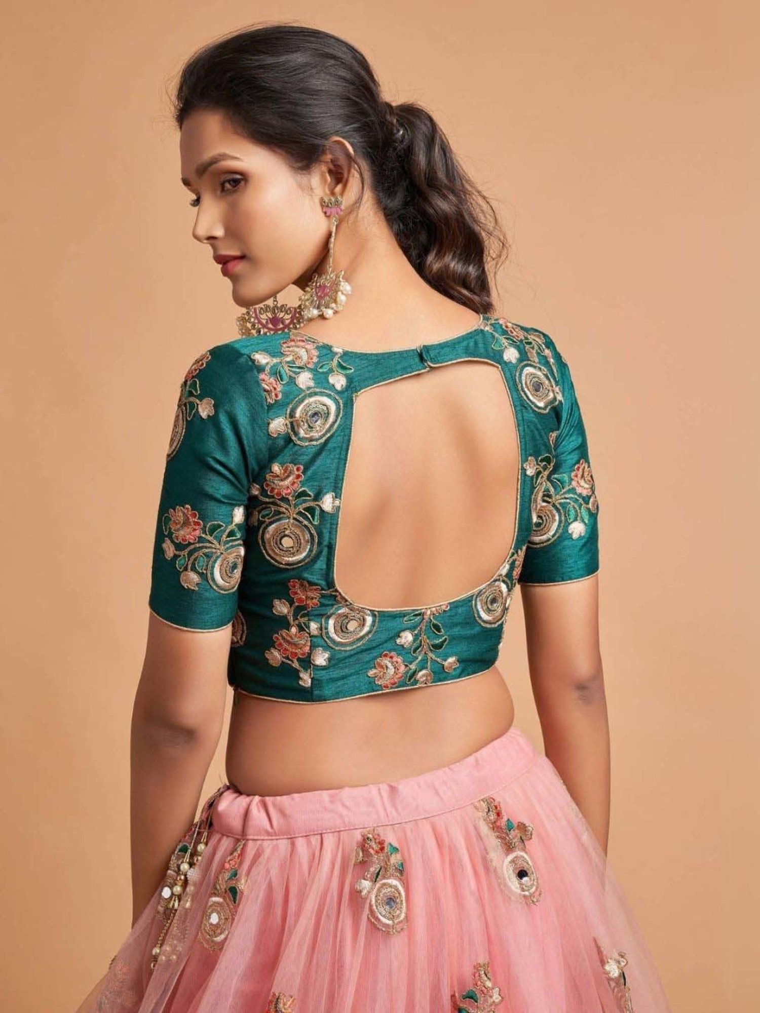 Odette Pink & Green Embroidered Lehenga Choli Set With Dupatta