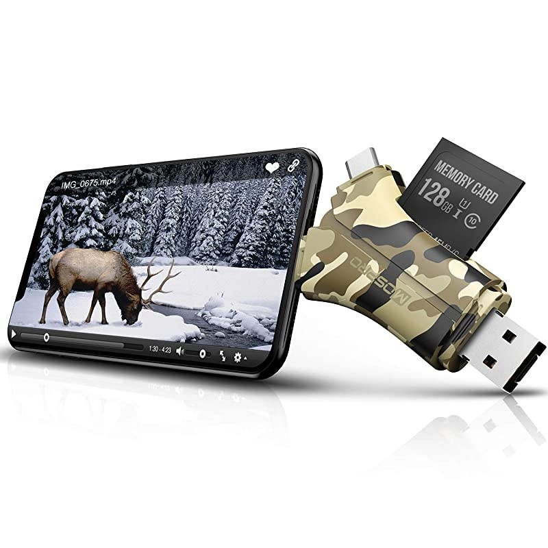 Camera Viewer SD Card Reader 4 in 1 SD and Micro SD Memory Card Reader to View Hunting Game Camera Photos or Videos on Smartphone Camouflage