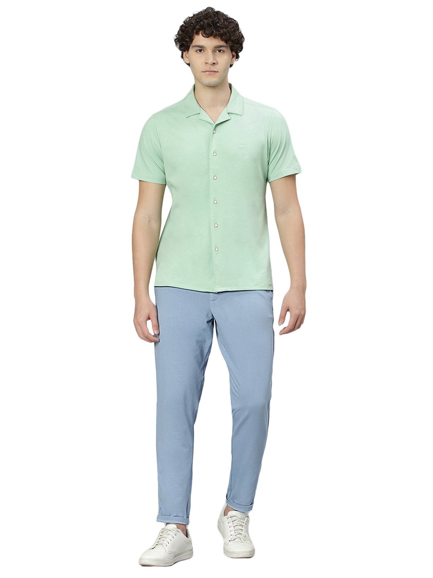 Slowave Sky Blue Regular Fit Denim Flat Front Trousers