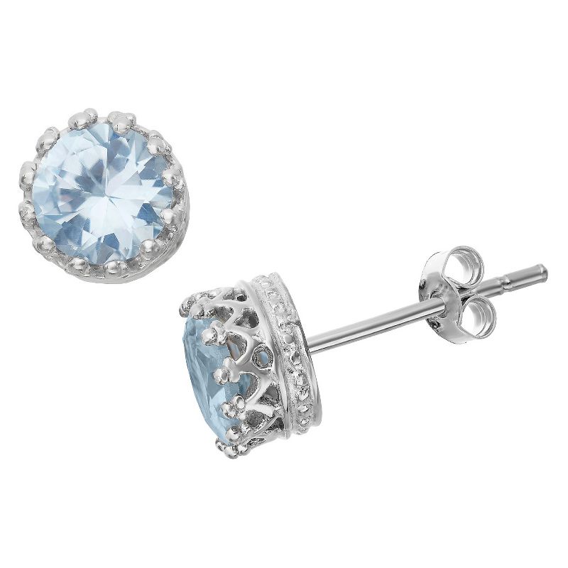 6mm Round-cut Aquamarine Crown Earrings in Sterling Silver