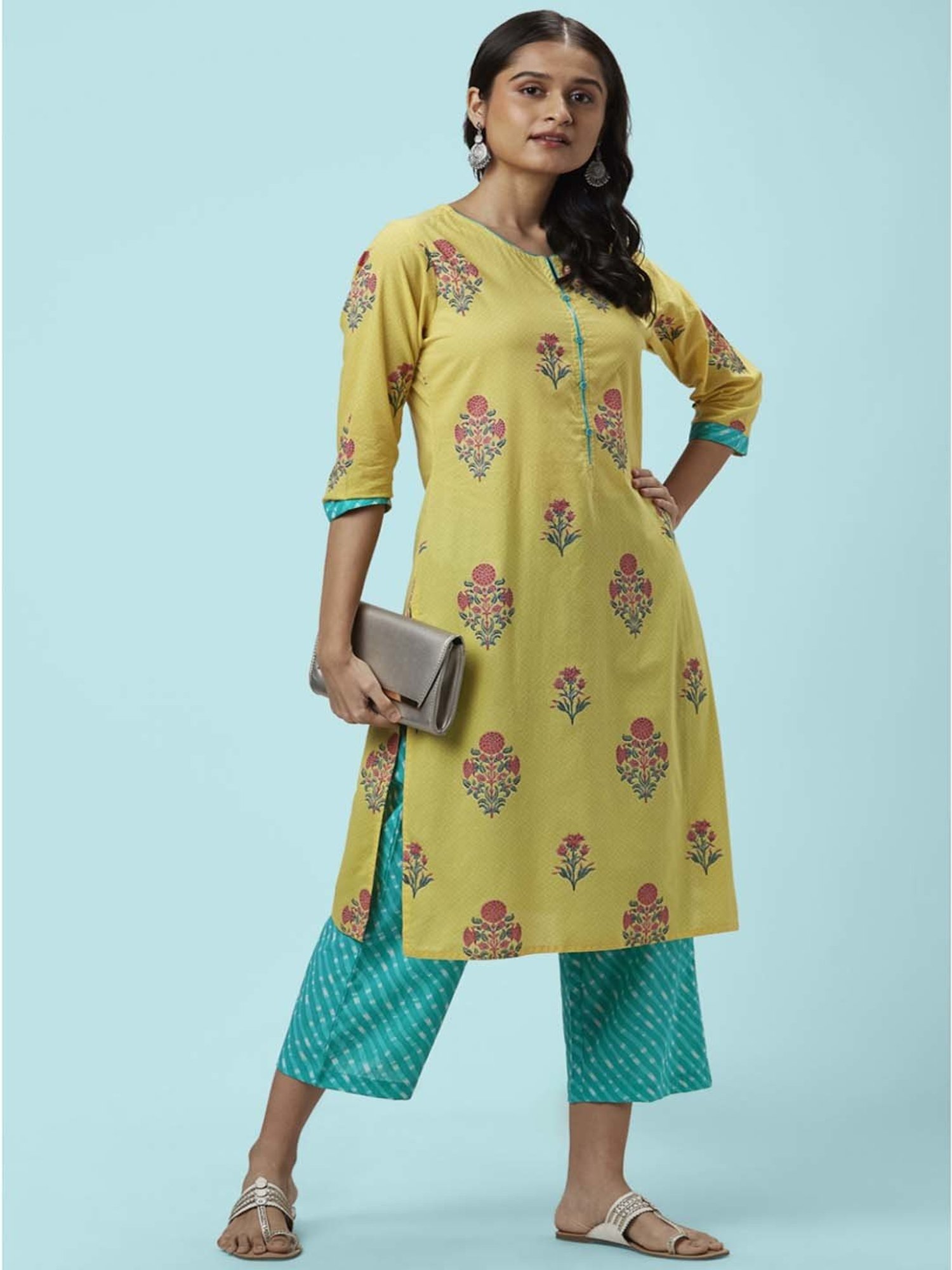 Rangmanch by Pantaloons Yellow & Blue Cotton Floral Print Kurta Palazzo Set