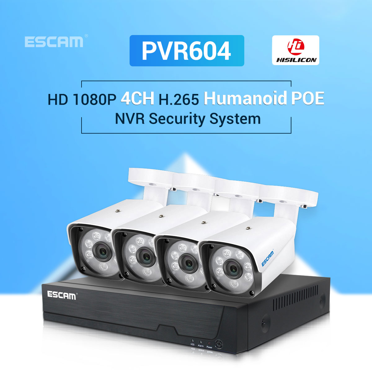 ESCAM PVR604 2MP 1080P POE 4CH PVR Camera Kit Surveillance Camera System with Humanoid Detection