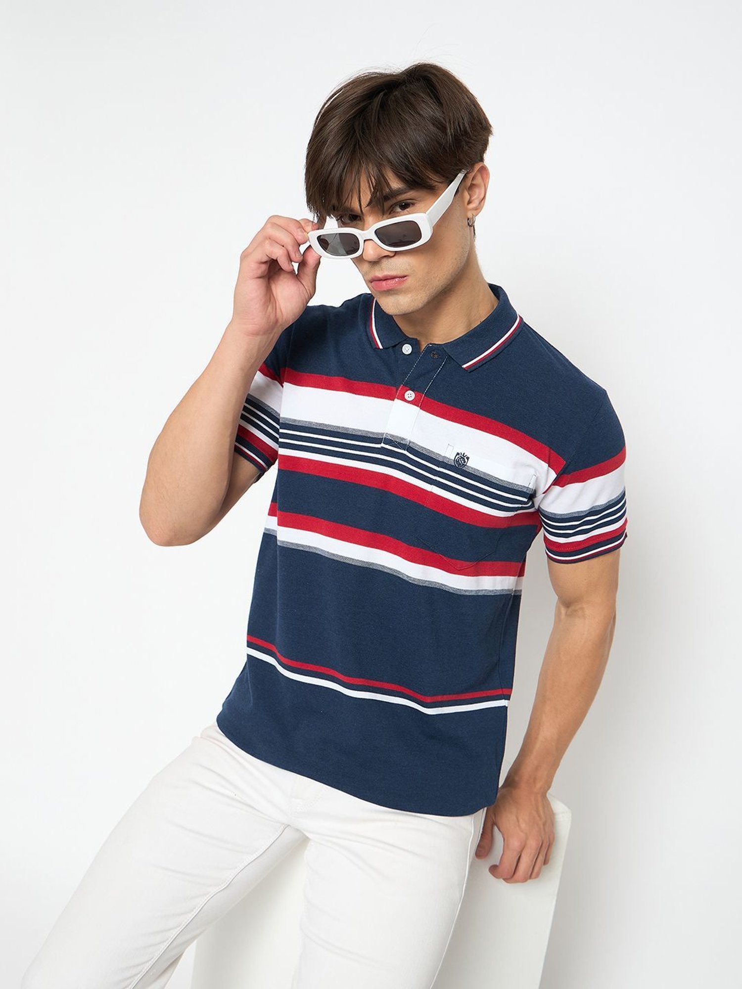 Duke Navy Regular Fit Striped Polo T-Shirt