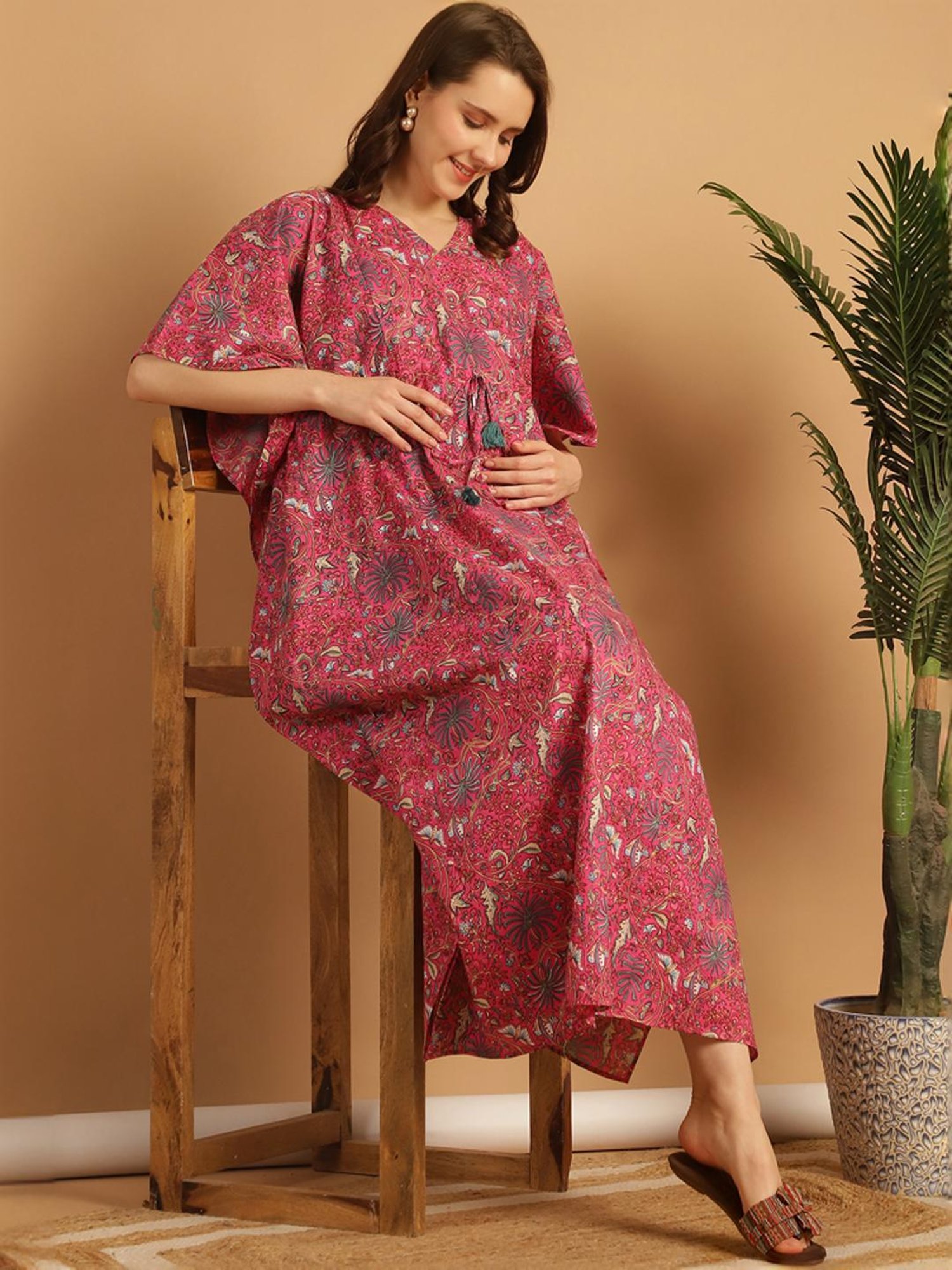 Secret Wish Pink Cotton Floral Print Kaftan