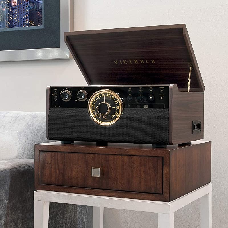 6in1 Wood Bluetooth Mid Century Record Player with 3Speed Turntable CD Cassette Player and Radio