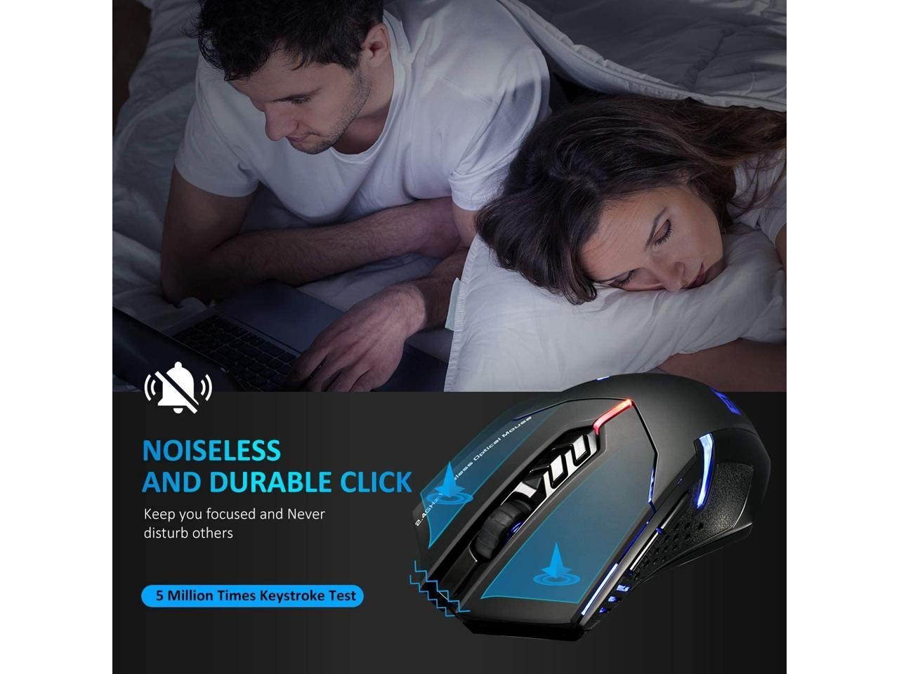 Wireless Gaming Mouse with Unique Silent Click, Breathing Backlit, 2 Programmable Side Buttons, 2400 DPI, Ergonomic Grips, 7-Button Design - Black