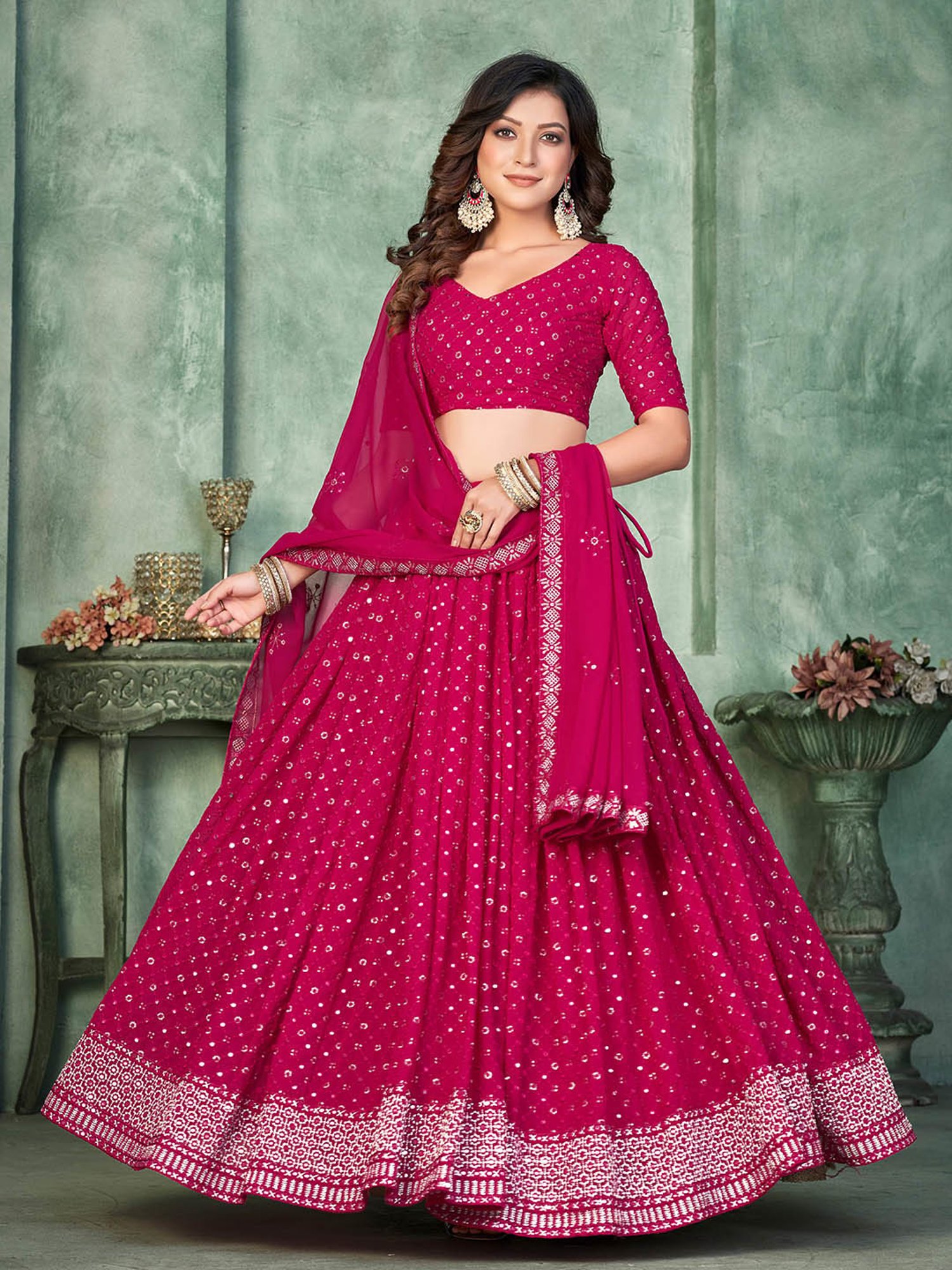 Warthy Ent Dark Pink Embroidered Lehenga Choli Set With Dupatta