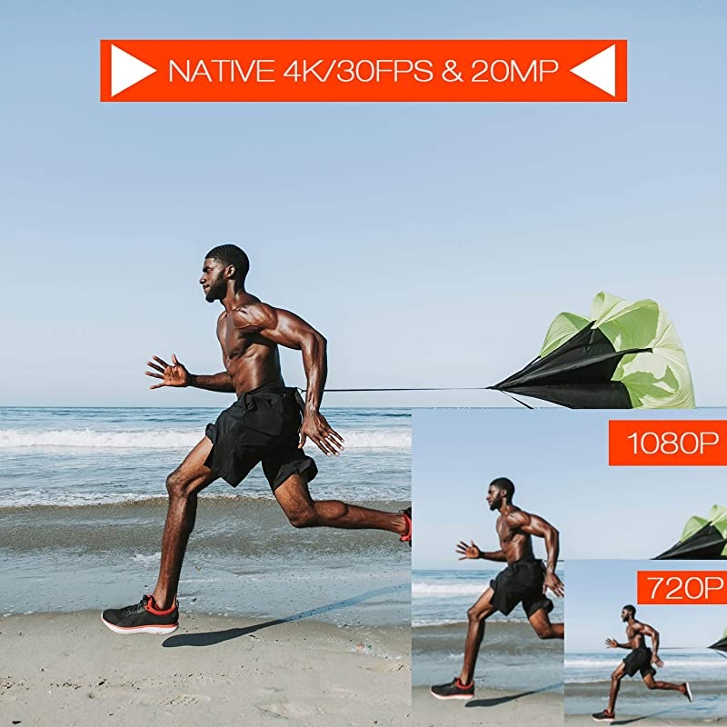 V30 Native 4K Action Camera 20MP EIS Touch Screen WiFi Waterproof PC Webcam with Optional View Angle, 2 1350mAh Batteries and Mounting Accessories Kit