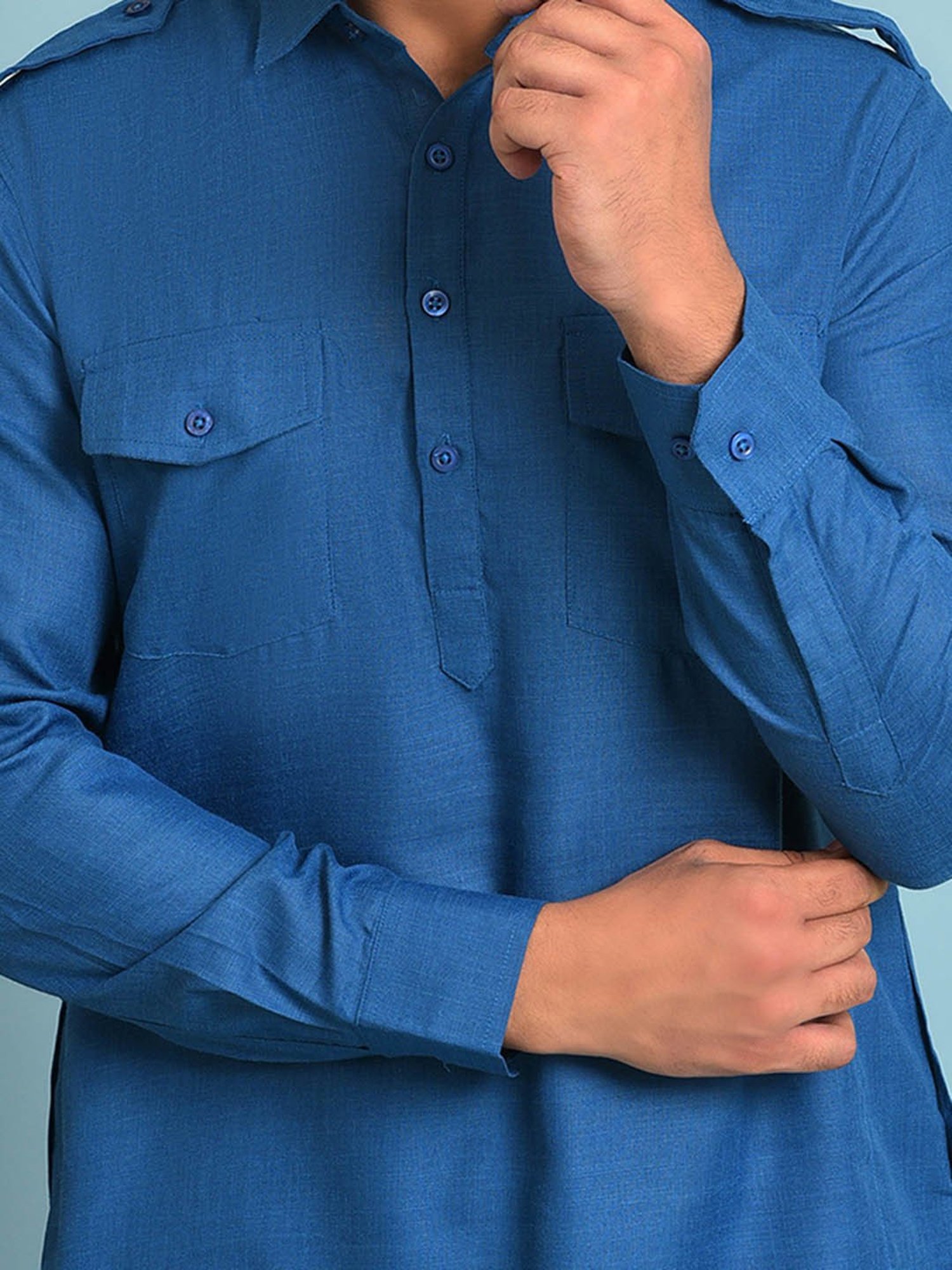 Hangup Dark Slate Blue Regular Fit Pathani Kurta & Pyjamas Set