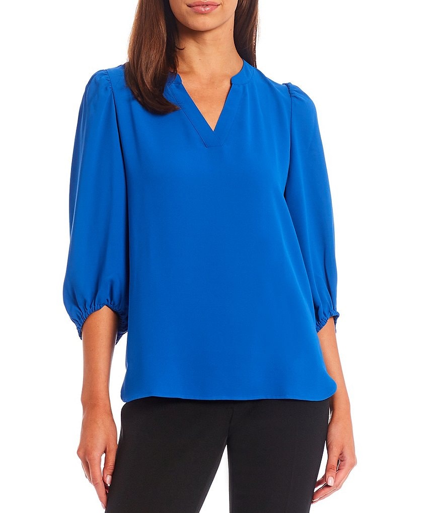 Anne Klein Split V-Neck 3/4 Lantern Sleeve Crepe de Chine Blouse