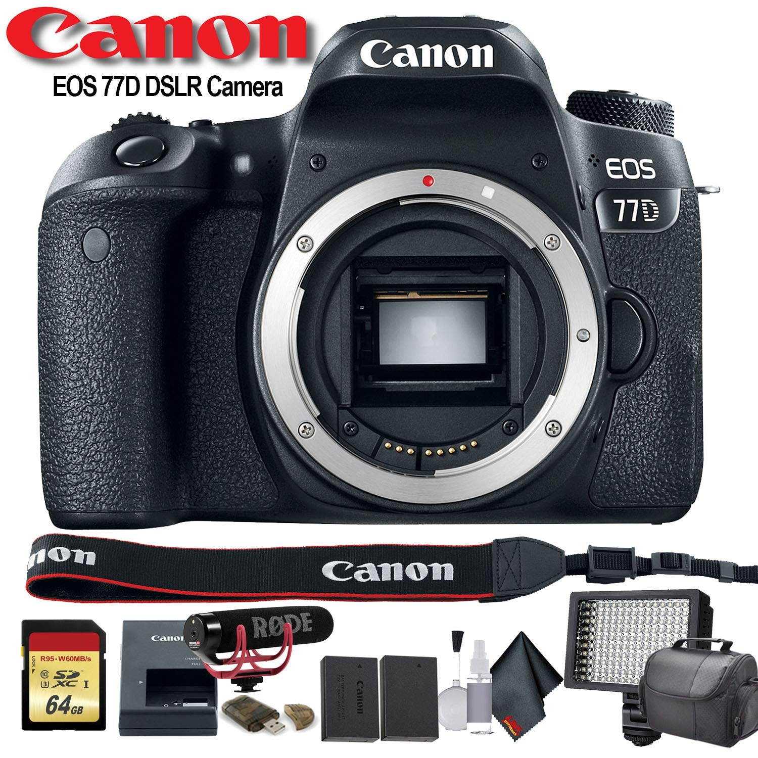 Canon EOS 77D DSLR Camera (Intl Model) (1892C001) W/ Bag, Extra Battery, LED Light, Mic, Filters and More - Advanced Bundle
