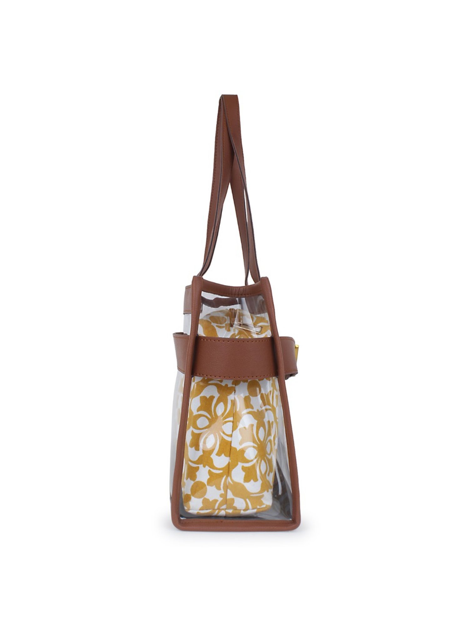 Yelloe Brown Printed Medium Handbag