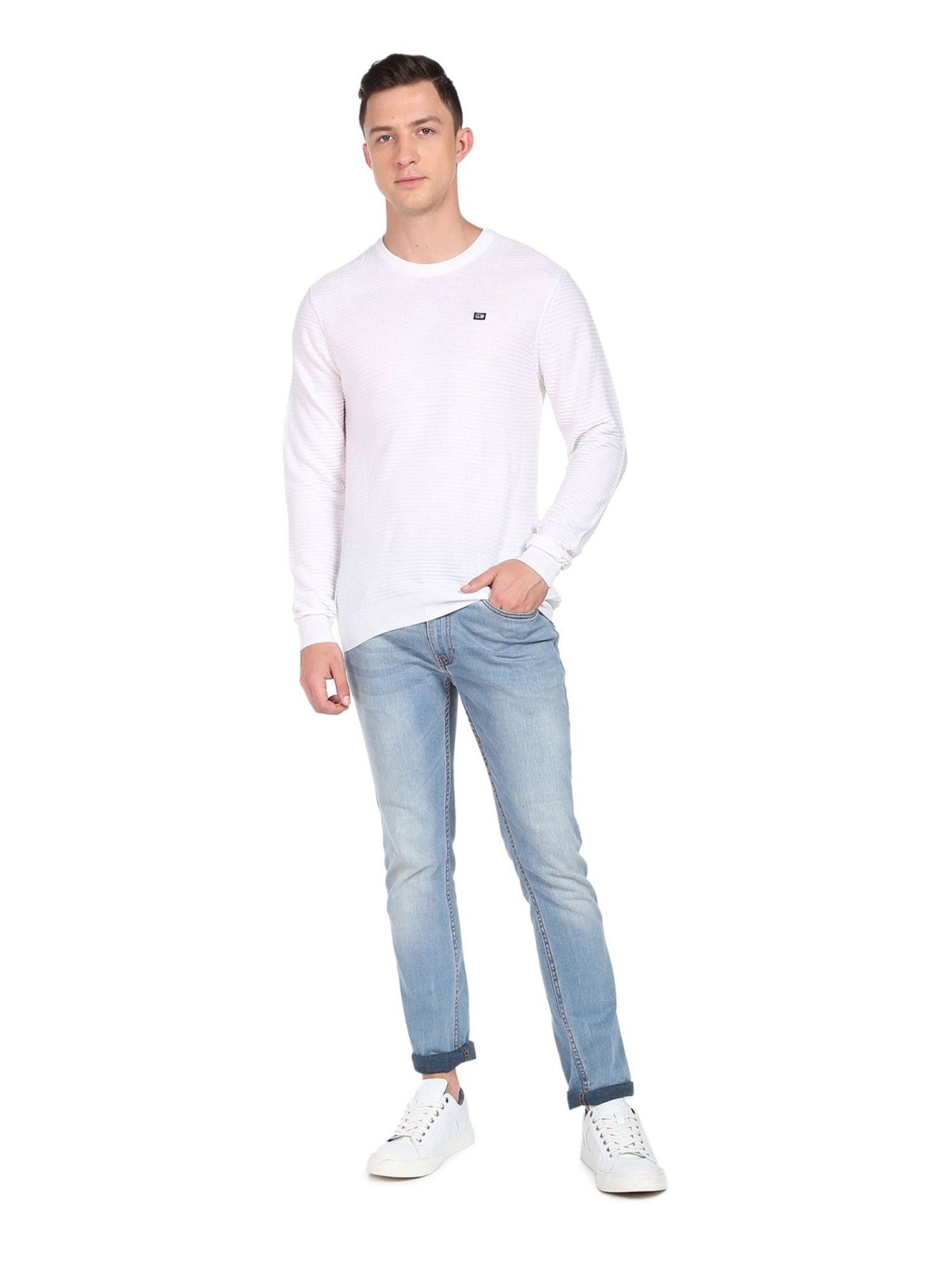 Arrow Sports White Regular Fit Self Pattern Sweater