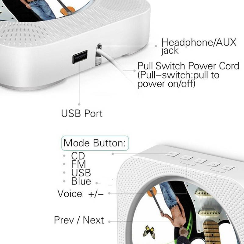 Portable CD Player Wall Mountable Loudspeaker Bluetooth Home Audio CD Boombox Stereo Music Player FM Radio with Remote Control
