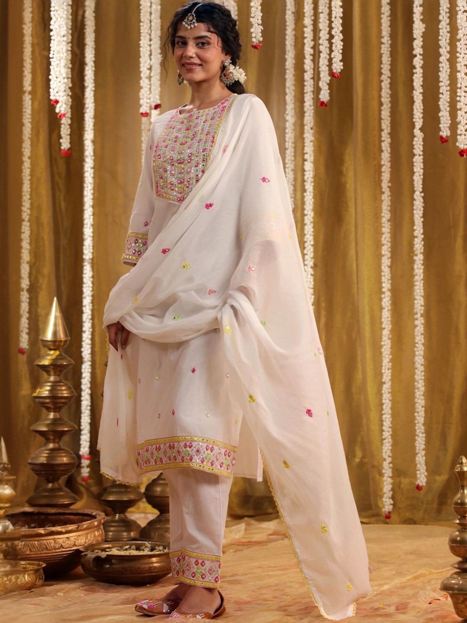 SCAKHI White Cotton Multicolour Mirror And Sequin Embroidered Kurta with Pant And Dupatta
