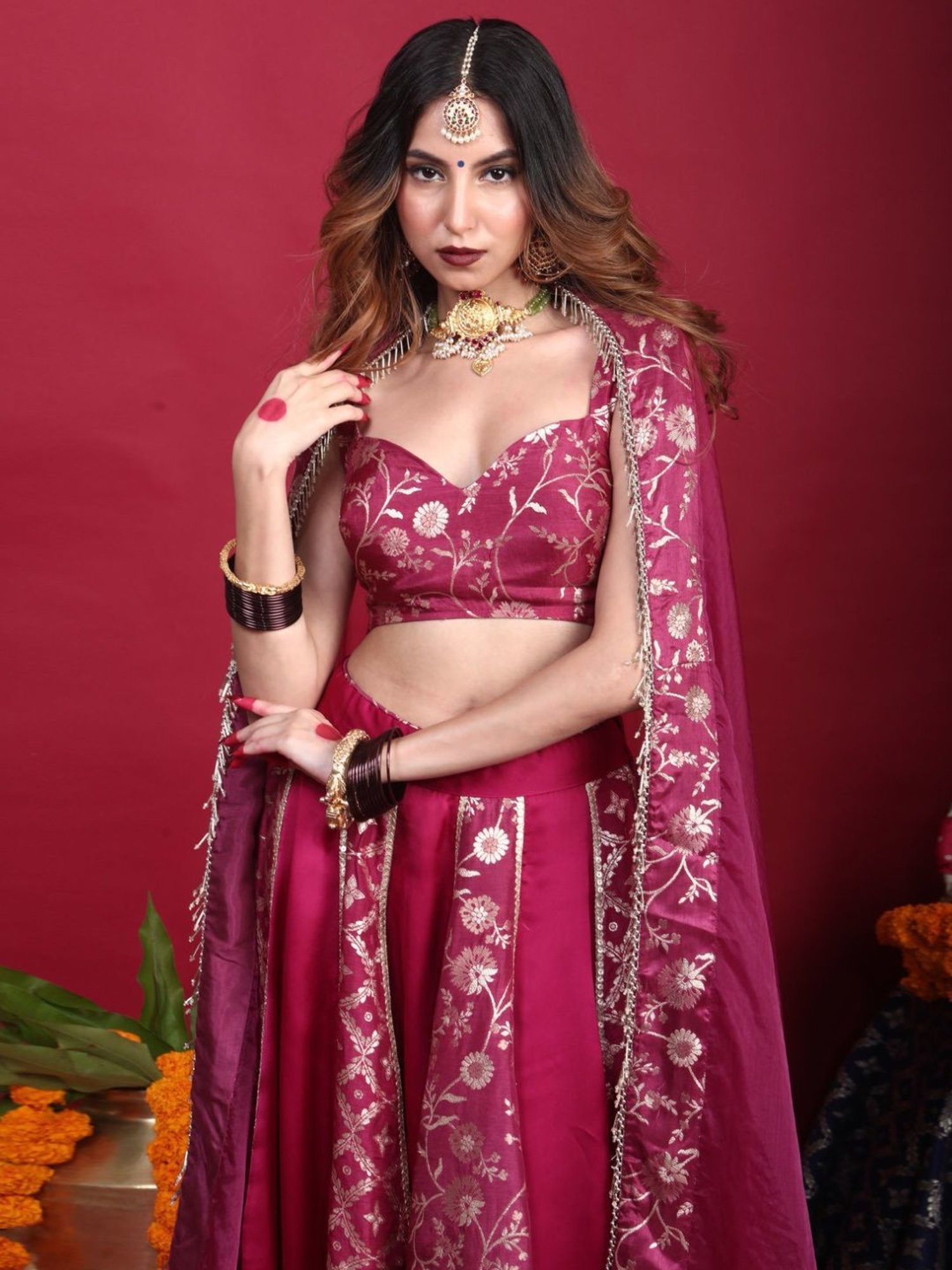 Monk and Mei Kora Kashi Plum Purple Leela-Brocade Lehenga Set
