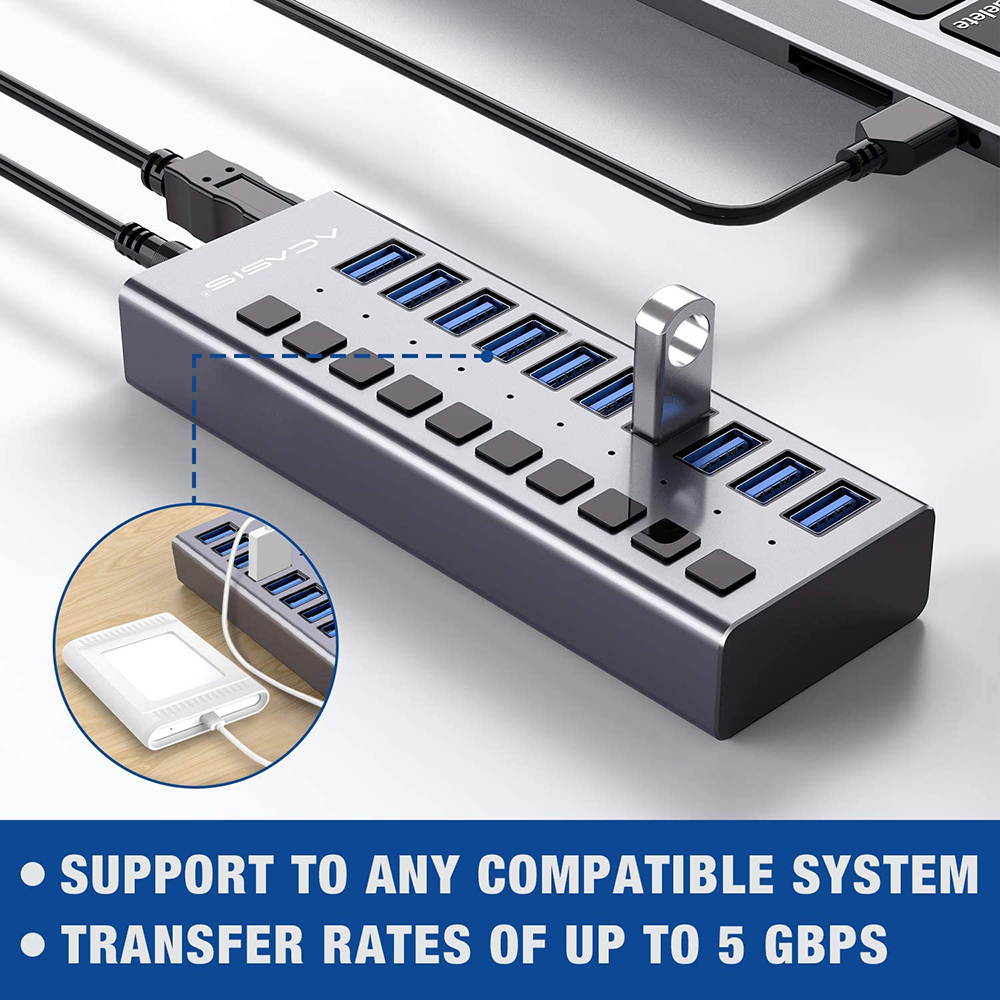 Powered USB Hub - 10 Ports 48W USB 3.0 Data Hub - with Individual On/Off Switches and 12V/4A Power Adapter USB Hub 3.0 Splitter for Laptop, PC, Computer, Mobile HDD, Flash Drive and More